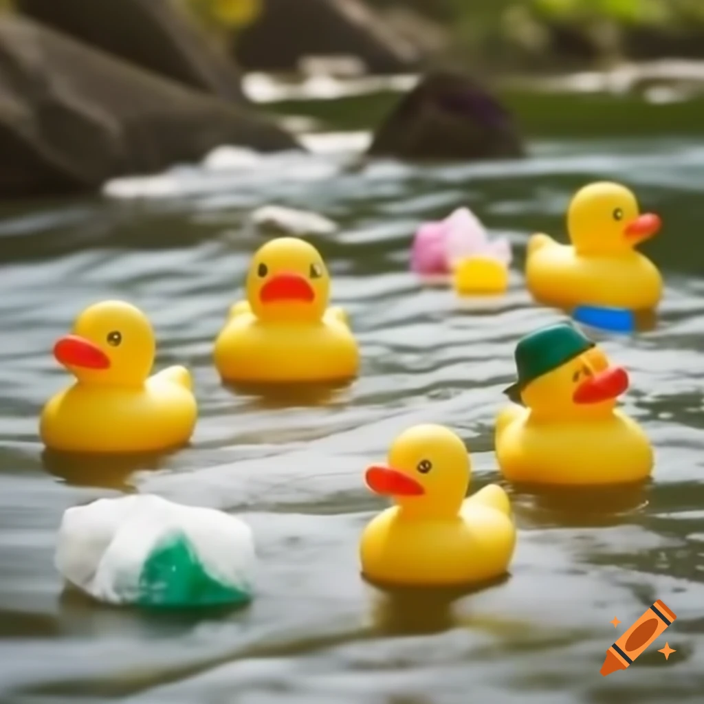 Fashionable rubber ducks in a river with waste
