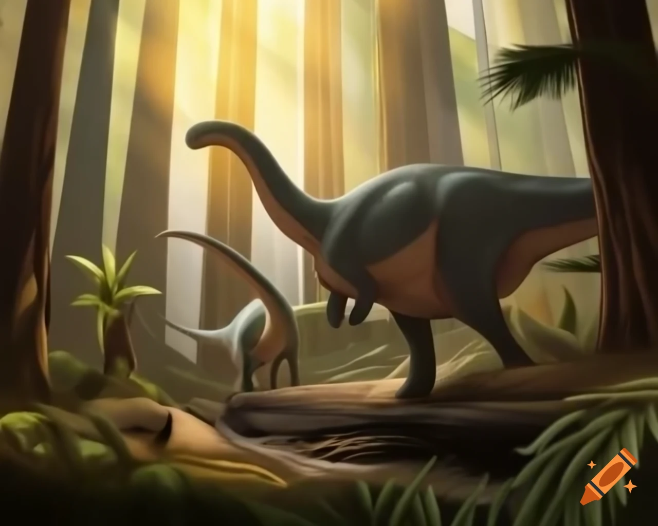Hadrosaurus trio crossing ravine in redwood forest with ferns