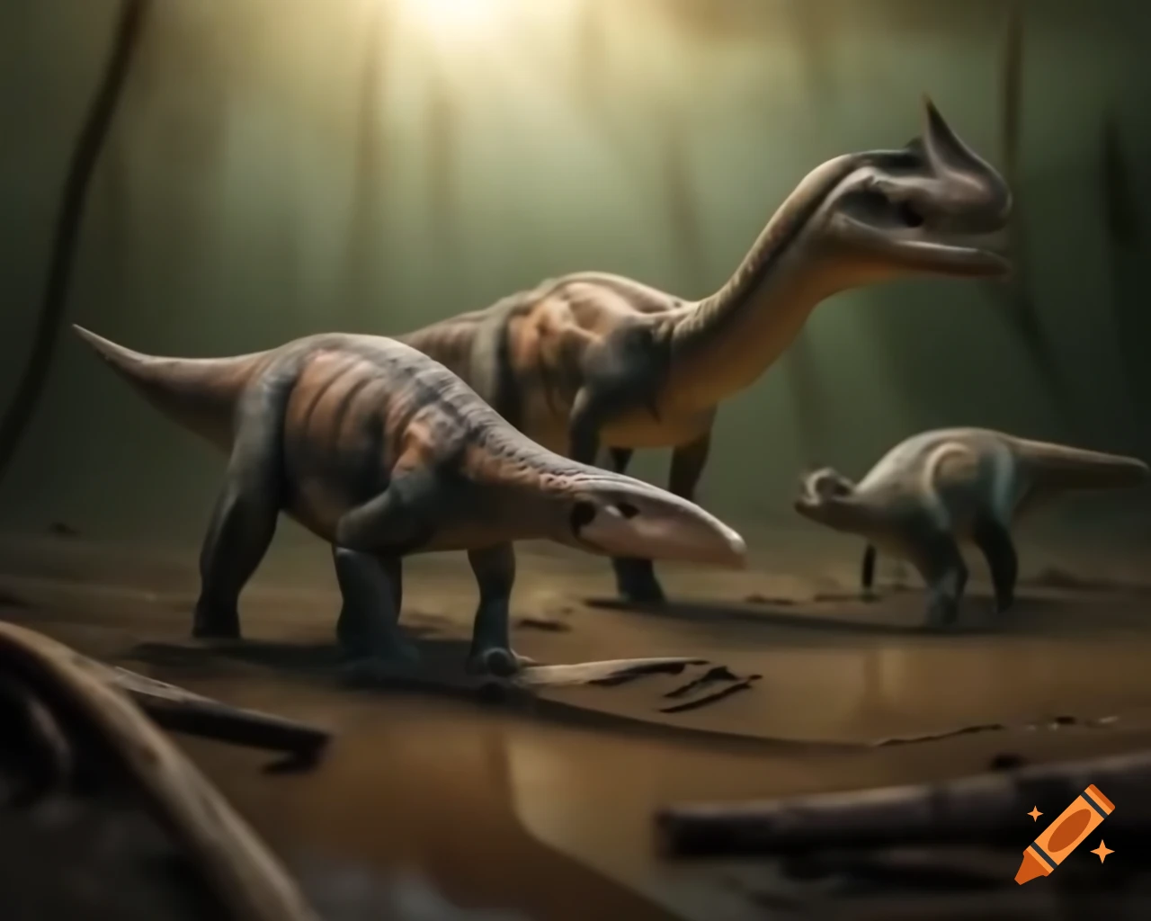 Cinnamon-colored striped Hadrosaurus dinosaurs in mudflat with driftwood