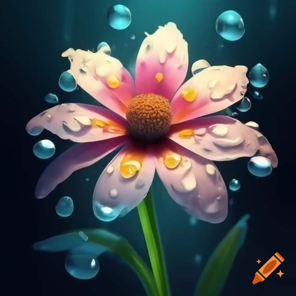 Imaginative flower with colorful drops of water