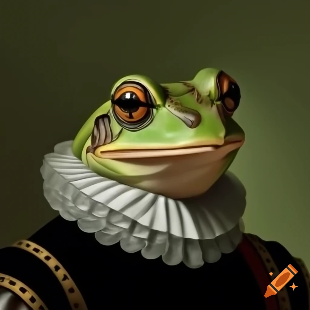 Renaissance portrait of frog wearing a ruff collar