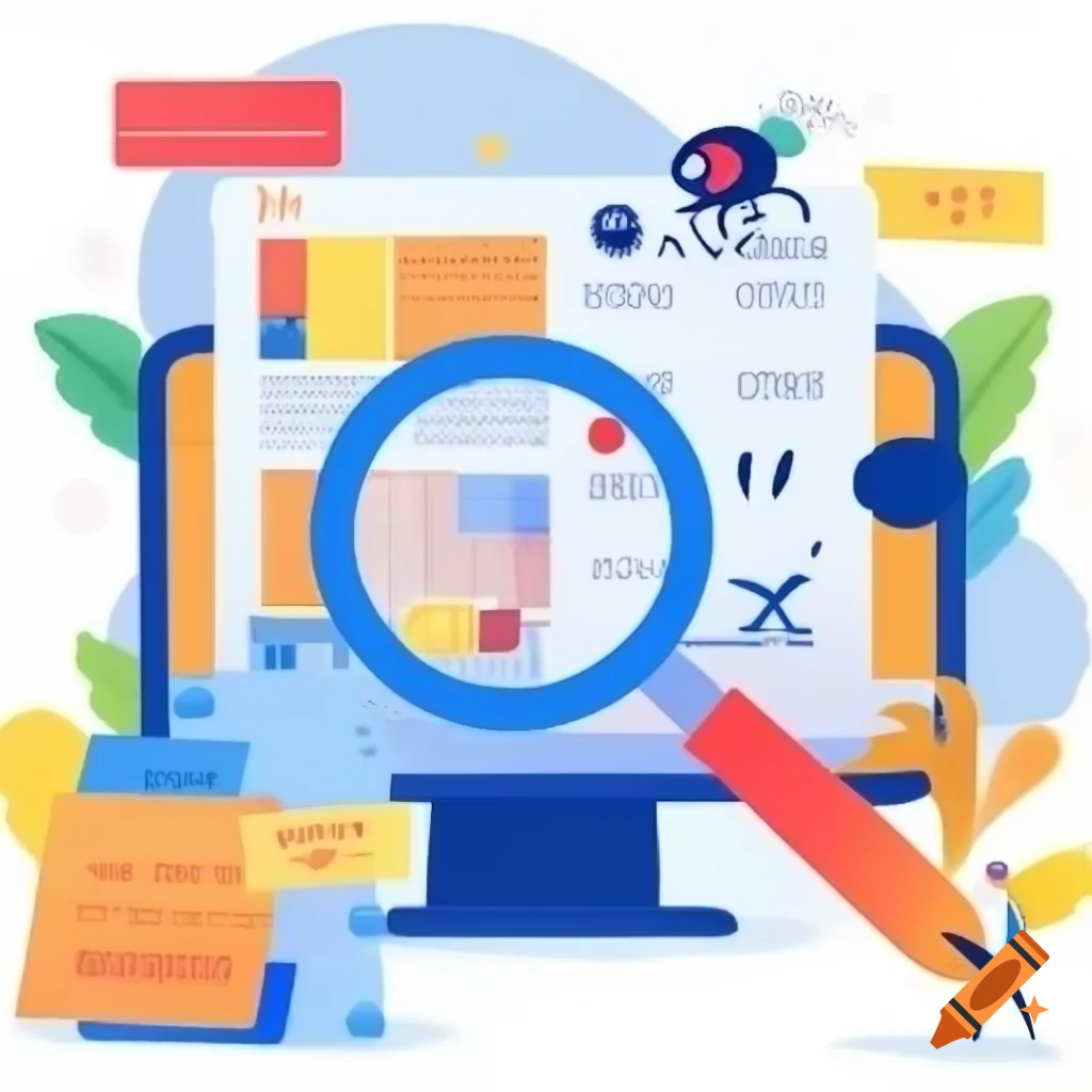 Funny illustration of QA tester with magnifying glass examining bug on computer screen