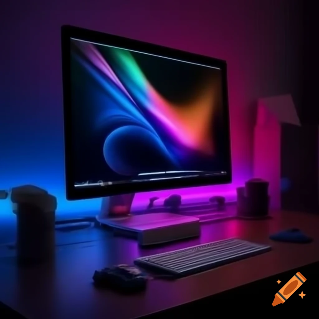 Apple computer on table with RGB lighting, keyboard and mouse