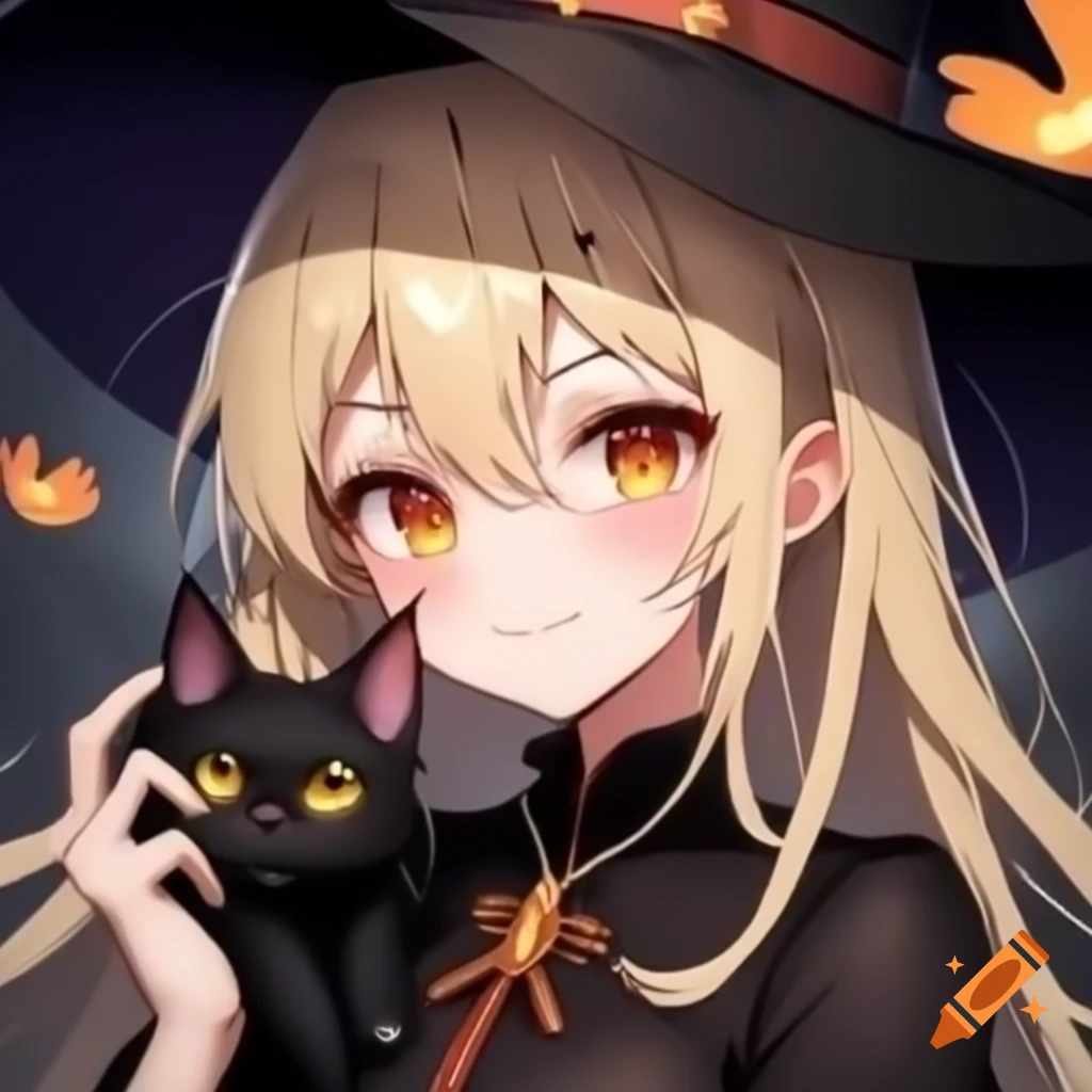 Anime female witch with black cat in Halloween setting