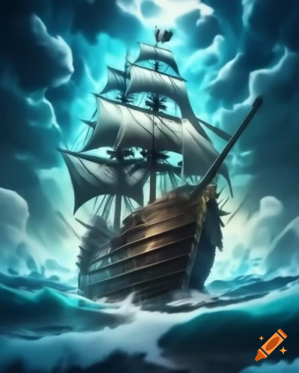 Pirate ship entering time rift with waves and phantoms