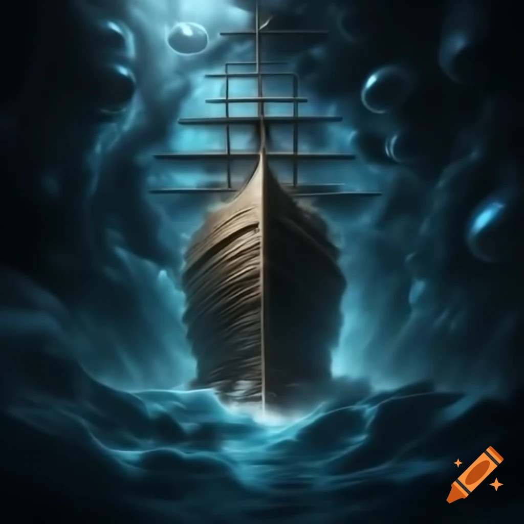 Ship entering time rift amidst dark waves and phantoms