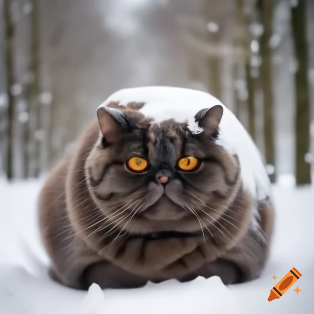 Chubby cat covered in snow