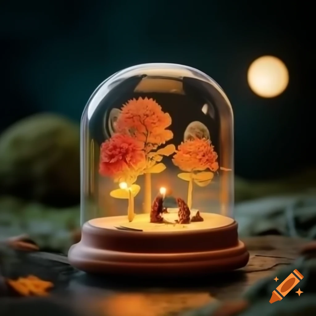 Miniature autumn forest in glass case with bright moon at night
