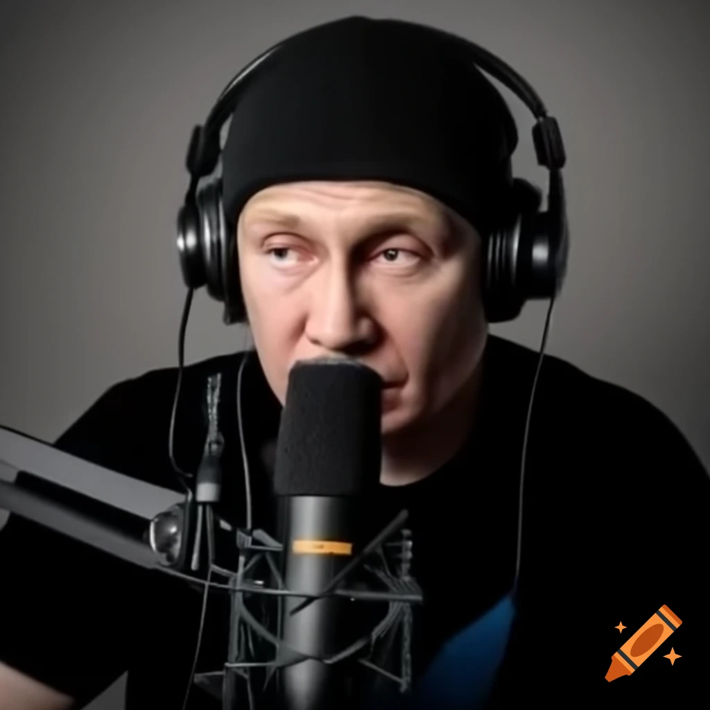 Vladimir Putin in black knit cap and headphones hosting a podcast