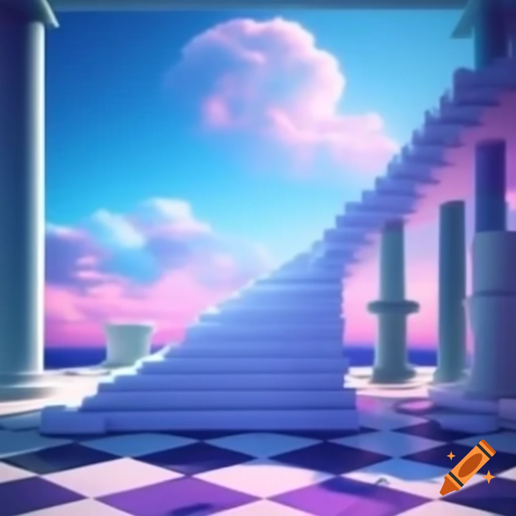 Vaporwave aesthetic with liminal space, Greek stairs leading to clouds and chess pieces