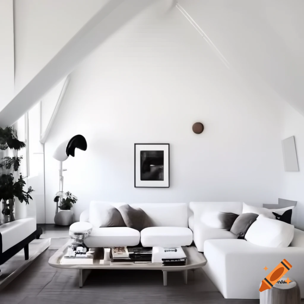 Spacious white living room with wide angle perspective