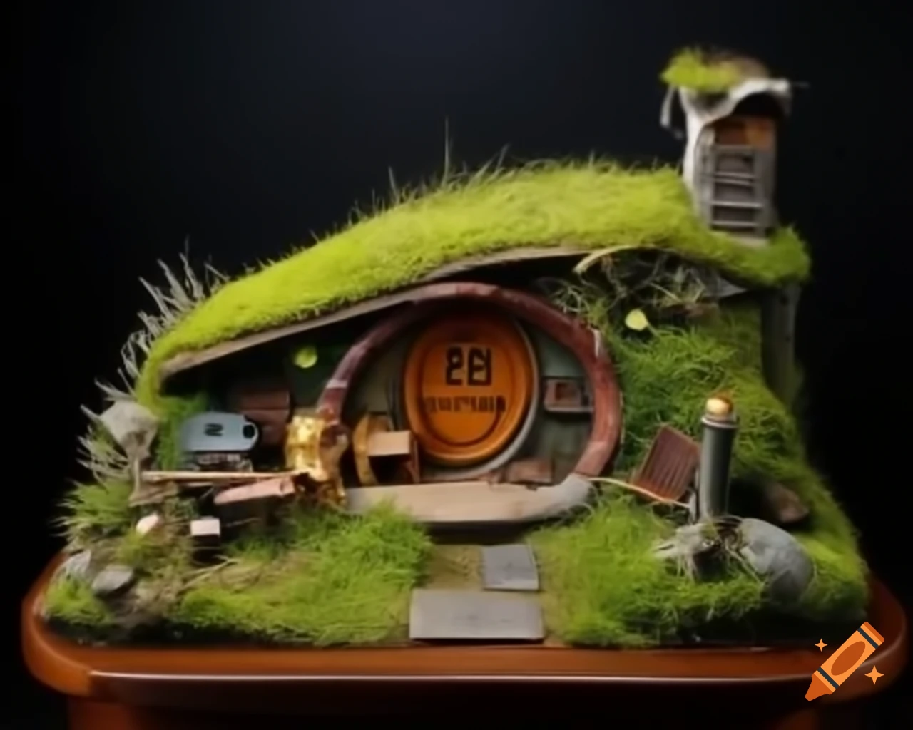 Cozy miniature hobbit house on table with detailed diorama