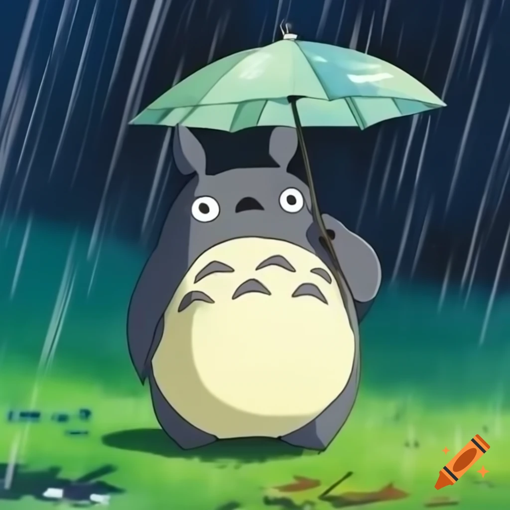 Totoro holding umbrella on rainy day in Ghibli anime style