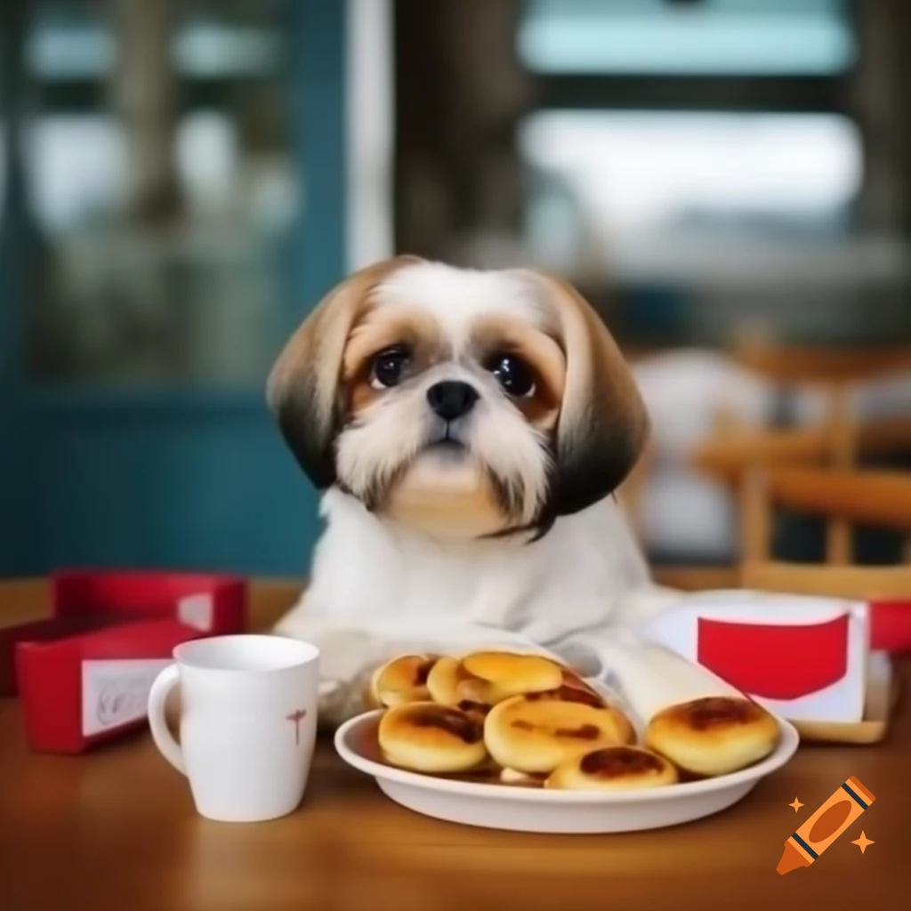 Brown Shih Tzu puppy eating pastel de nata on vacation in Portugal with name Velours included