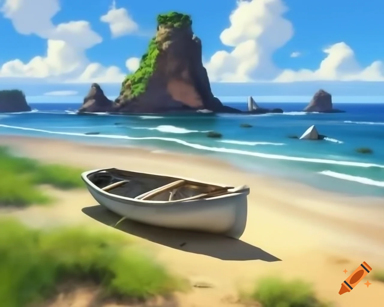 Rowing boat moored on sandy beach with vegetation and cliffs
