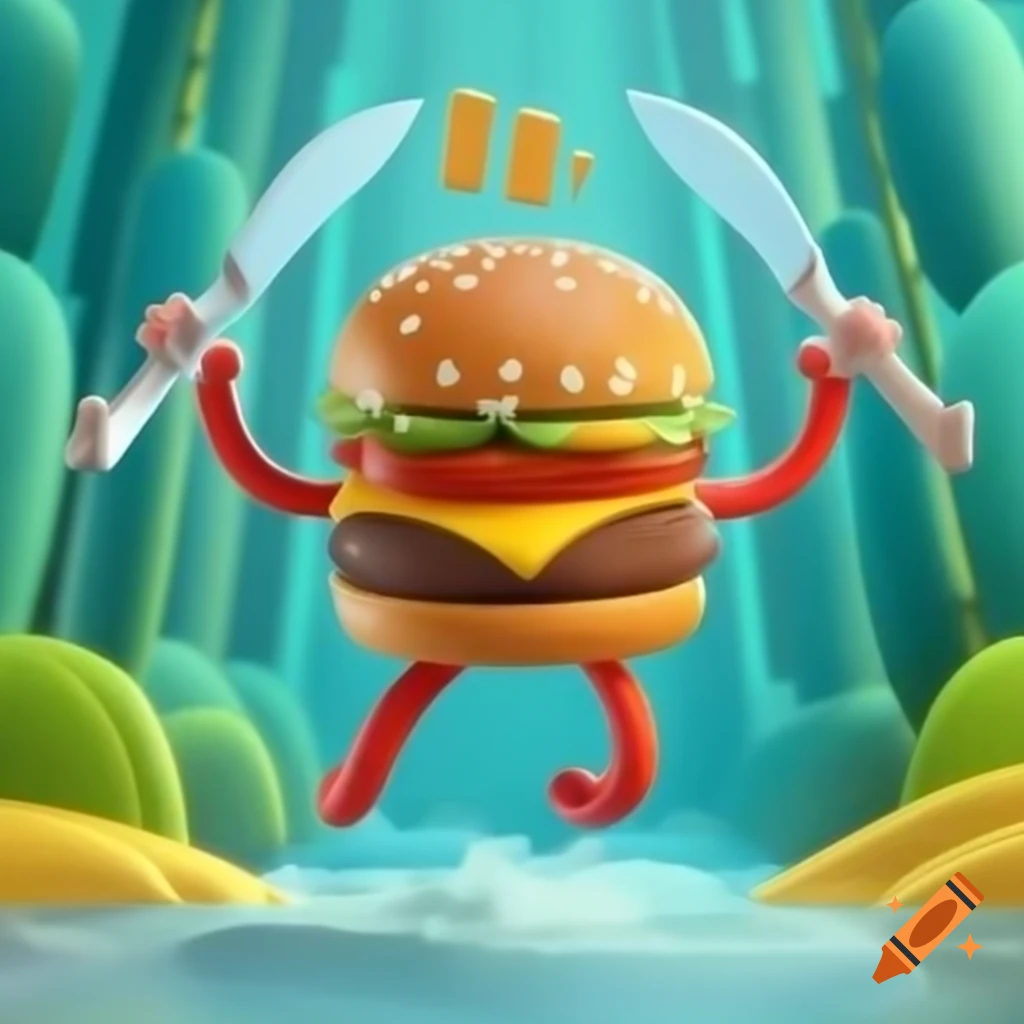 Cartoon burger character holding a large knife in each hand in a samurai style