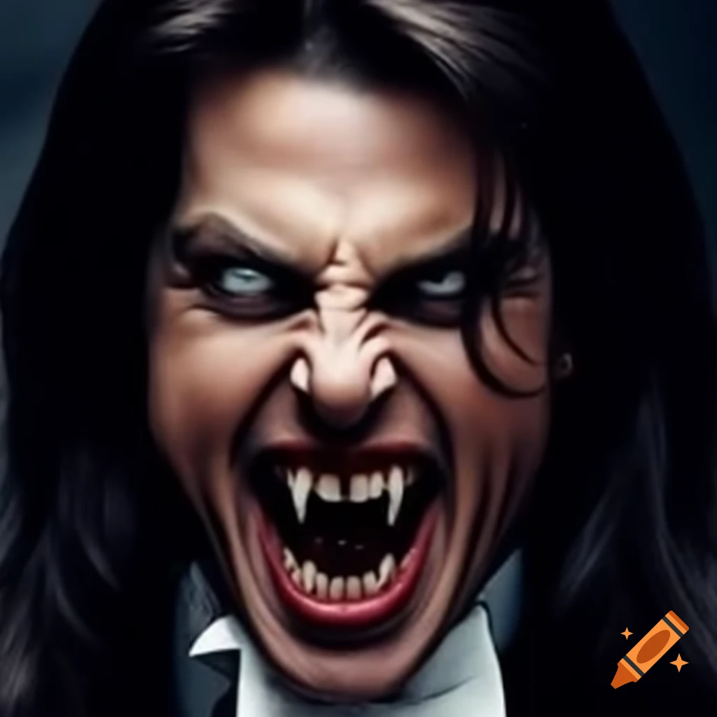 Tom Cruise portrayal of a vampire with long hair and fangs