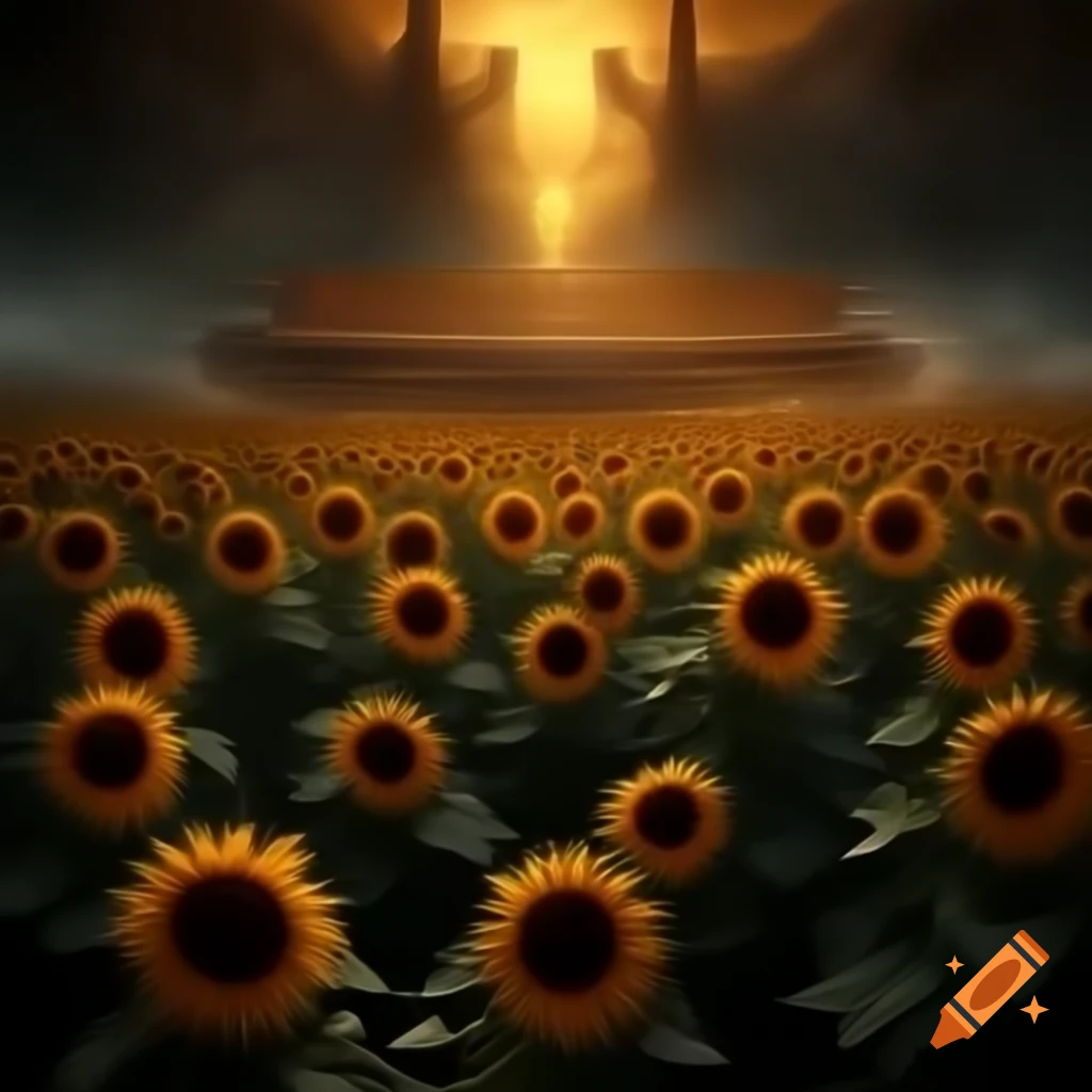 Glowing sunflowers in underdark with amphitheater and cultists