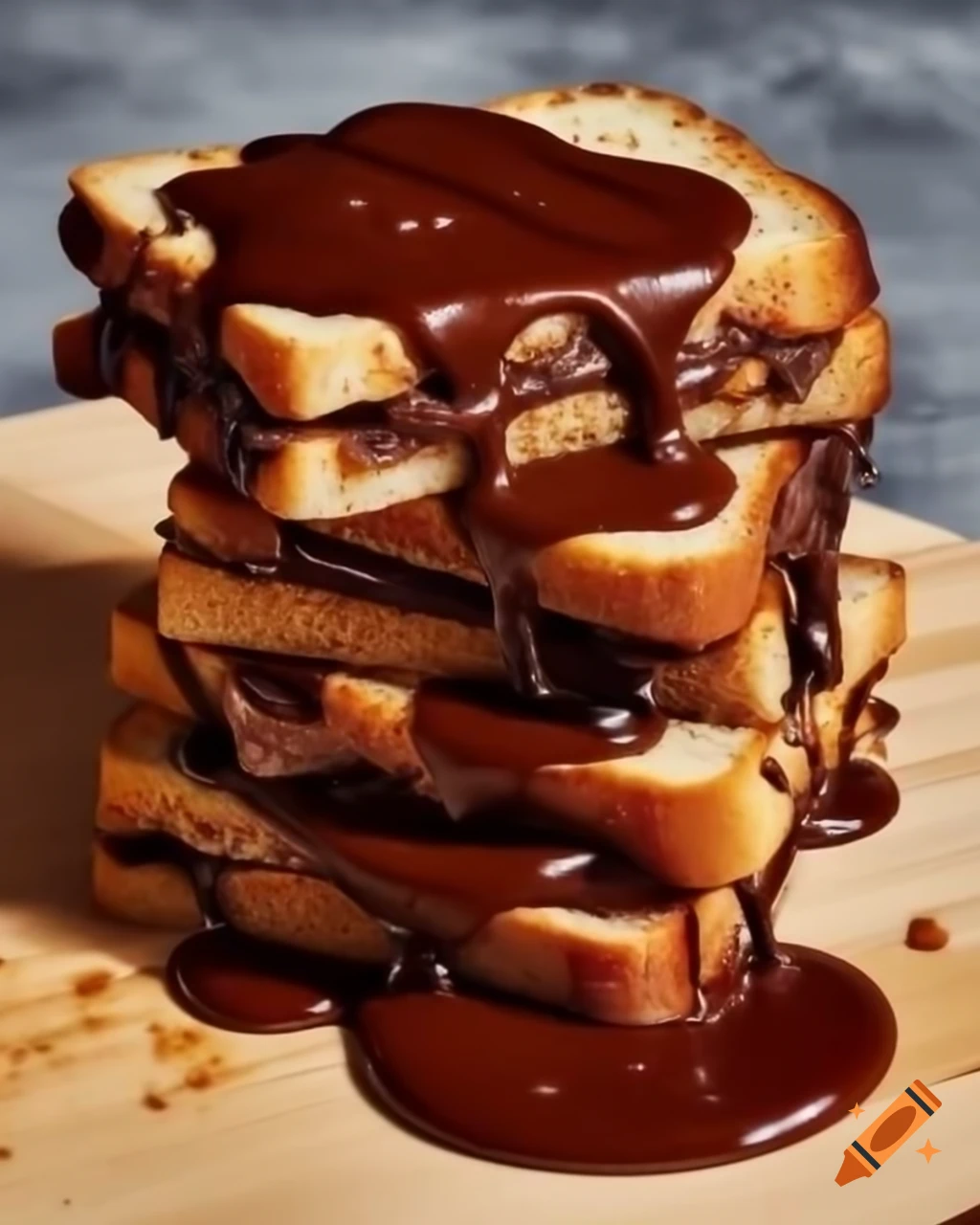 Towering chocolate sandwich filled with melted Nutella