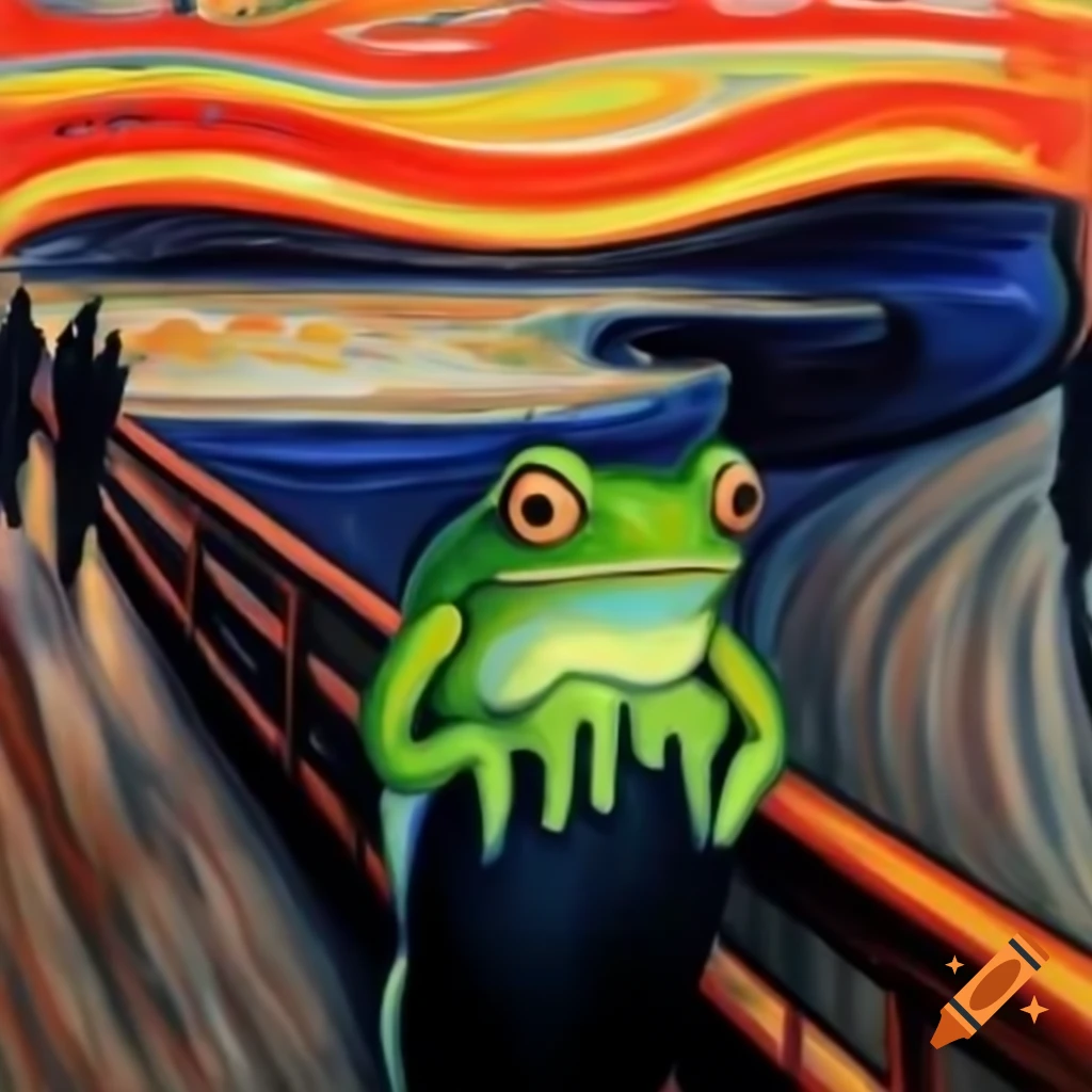 Frog with fearful expression inspired by Edvard Munch's The Scream