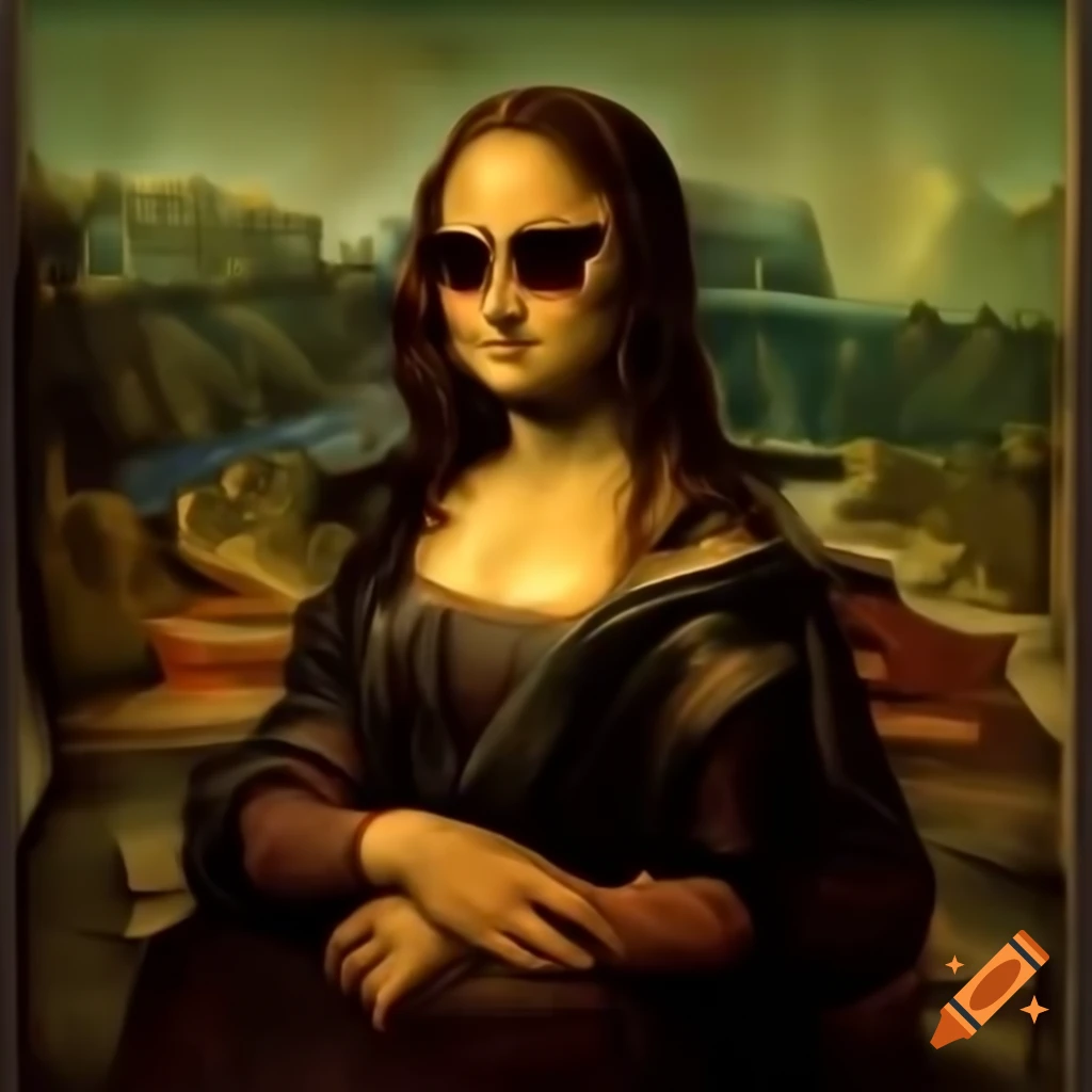 Mona Lisa cartoon portrait wearing sunglasses with playful text
