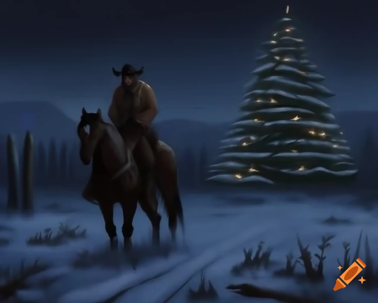 Rugged cowboy in snowy field riding grey horse with Christmas tree lights in background, oil painting