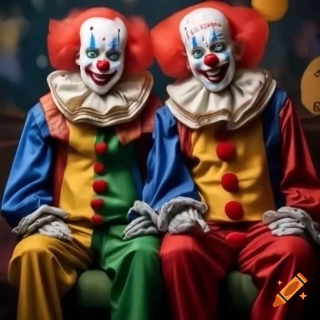 Two clowns in a playful setting