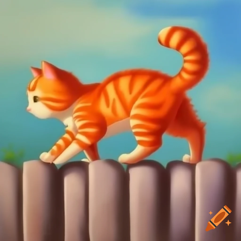 Orange tabby cat walking on top of fence