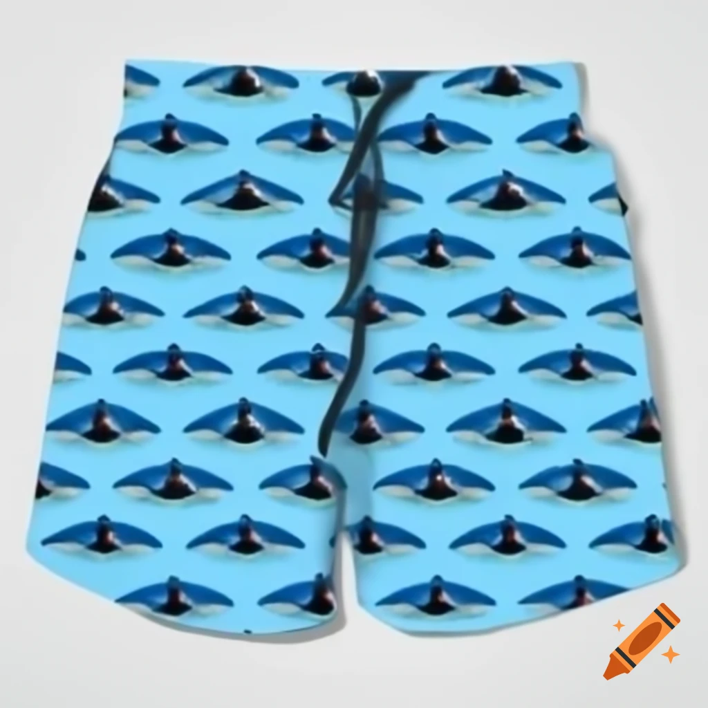 Vibrant pattern for swimsuit shorts featuring big sharks in black, blue, and white