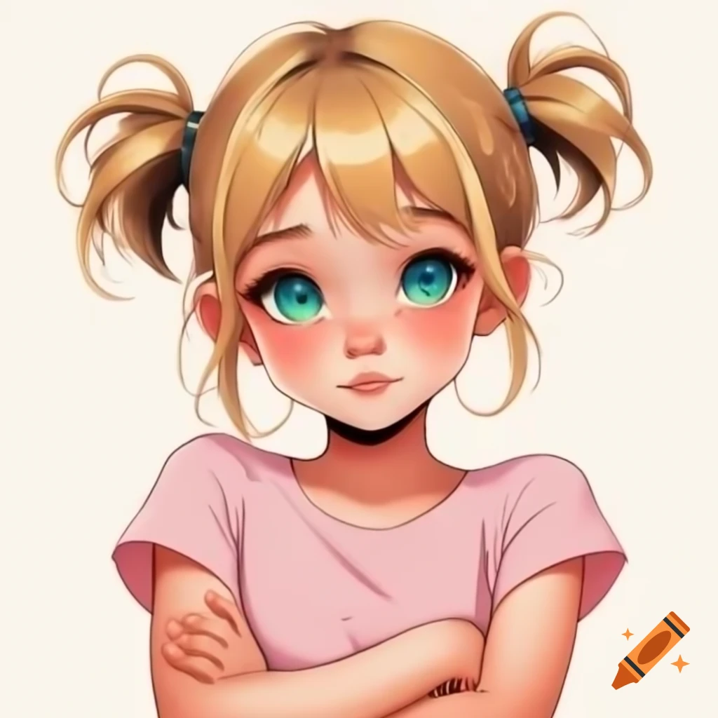Anime girl with blonde hair and blue-green eyes, wearing a pink sleeveless t-shirt, arms crossed