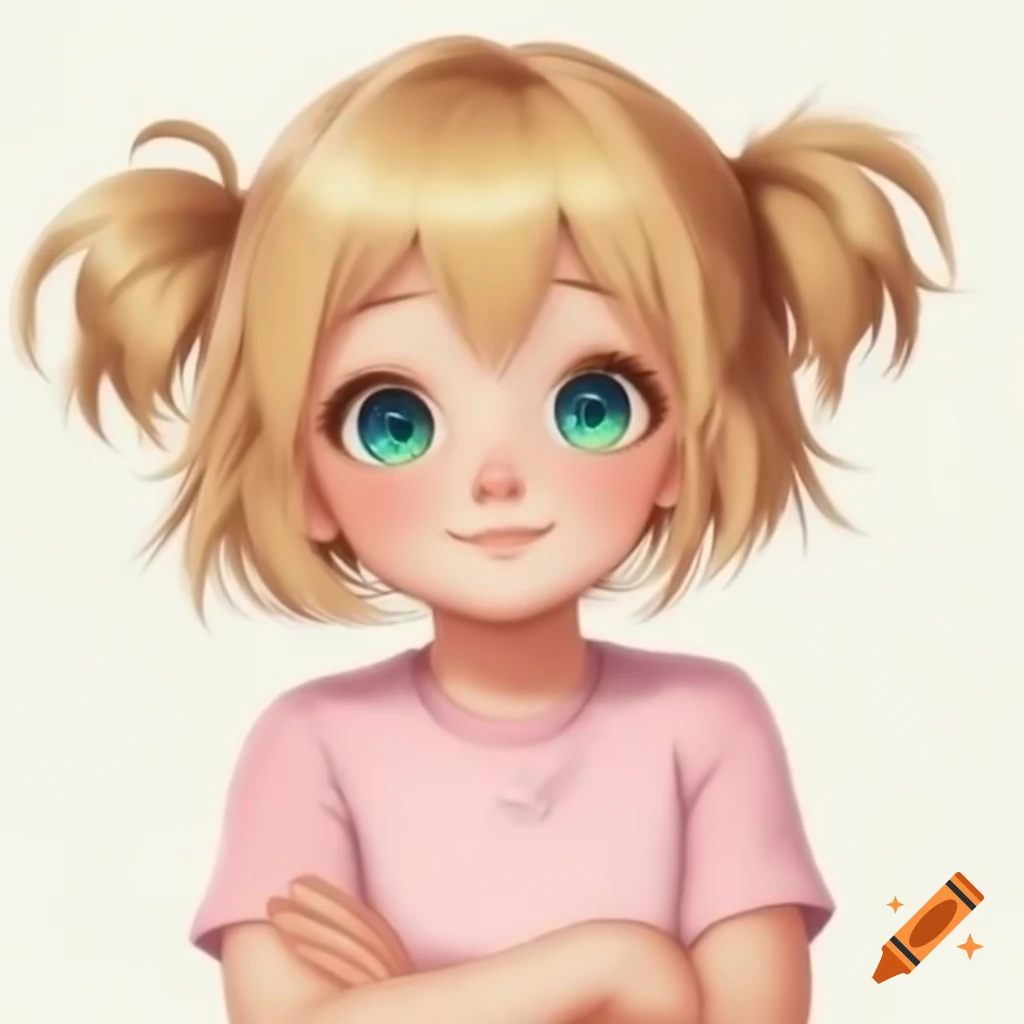 Anime girl with blonde hair and blue-green eyes wearing a pink sleeveless shirt