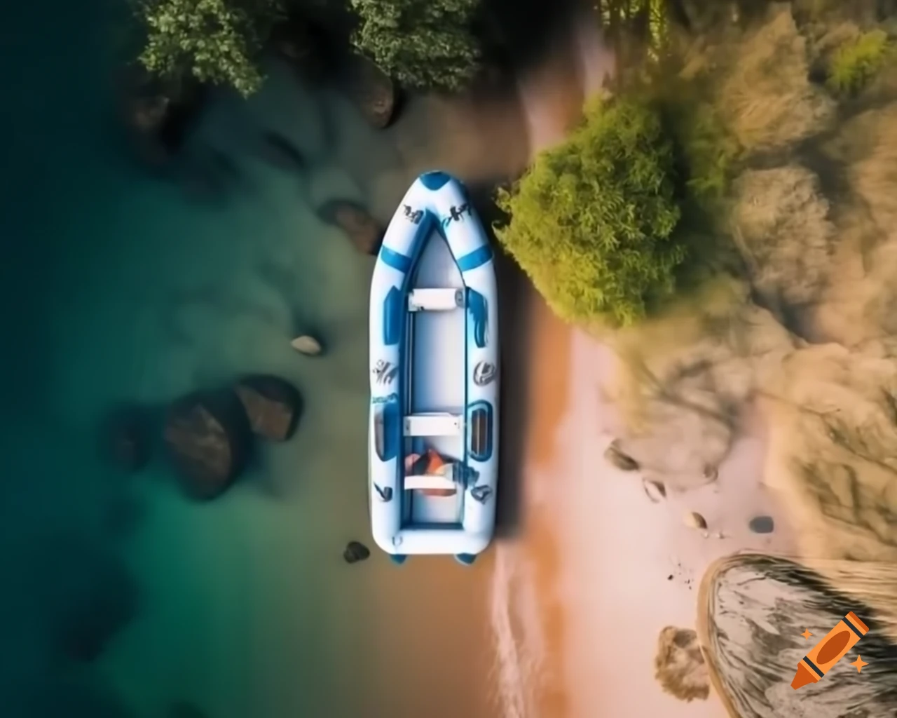Inflatable dinghy moored on sandy beach with vegetation, overhead view