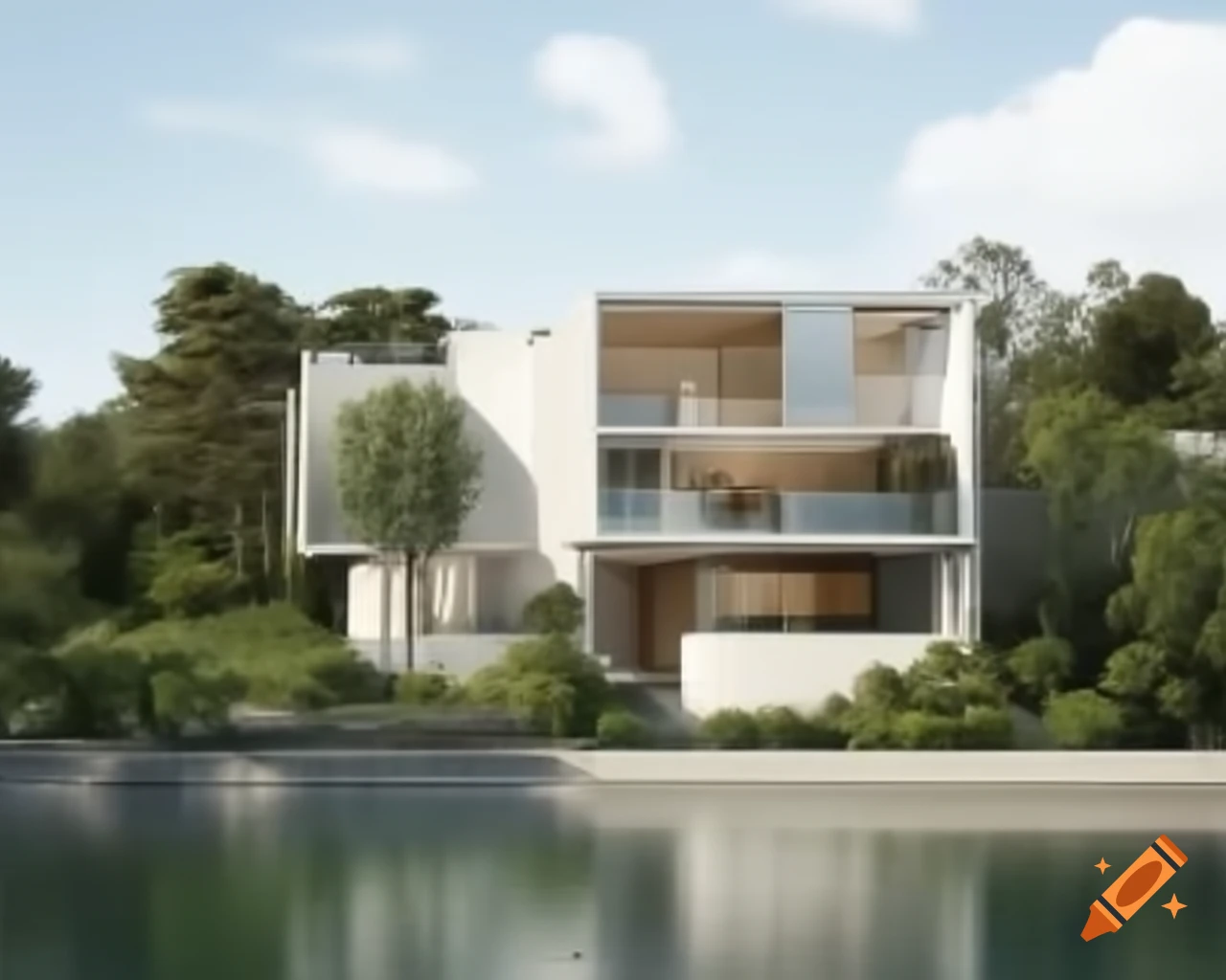Modern European house surrounded by greenery with sea view and lake