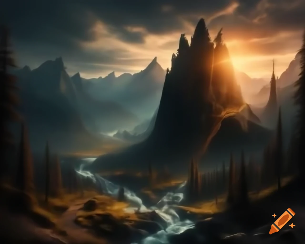 Majestic mountain range towering over winding river