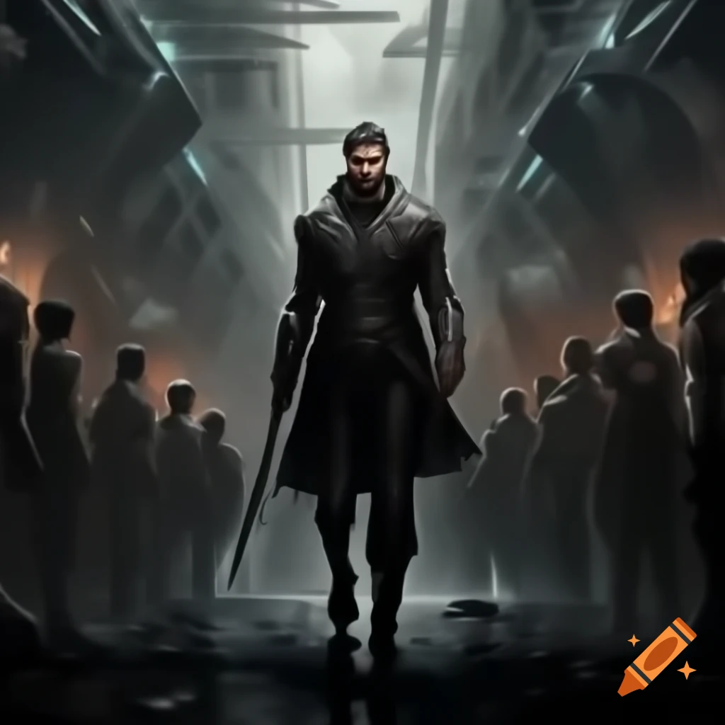 Warrior in dystopian future celebrated as hero after defeating demons, anime style