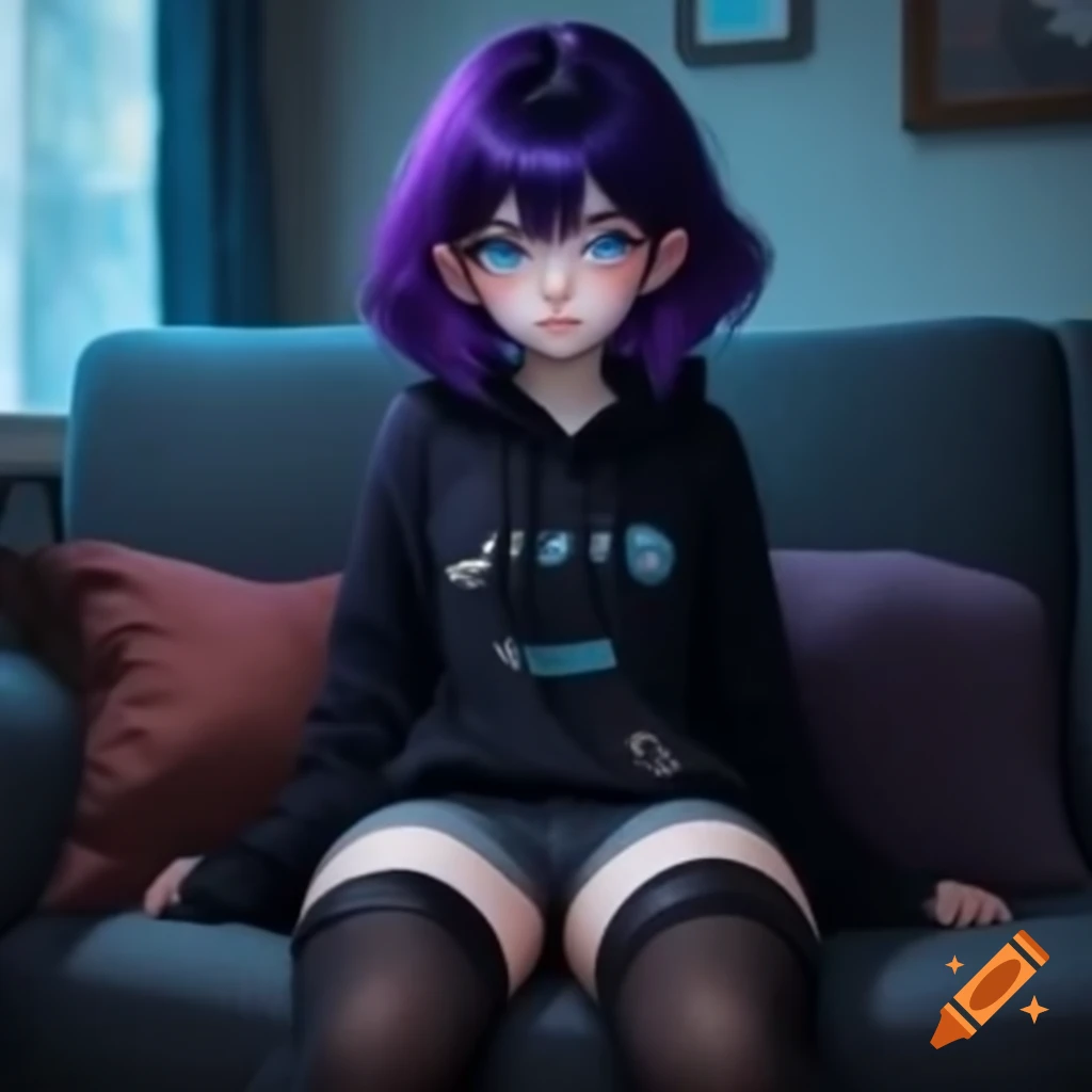 Girl with purple hair and cyan eyes wearing black hoodie and shorts