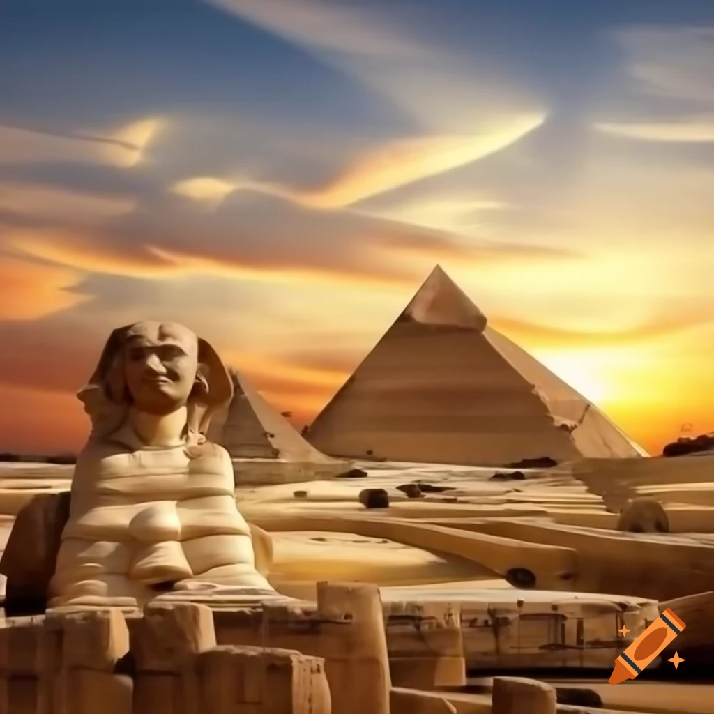 Sunset over pyramids, Sphinx, Gezira Tower, Muhammad Ali Mosque, and the Nile