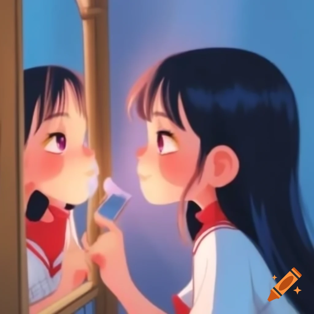 Anime girl interacting with a mirror