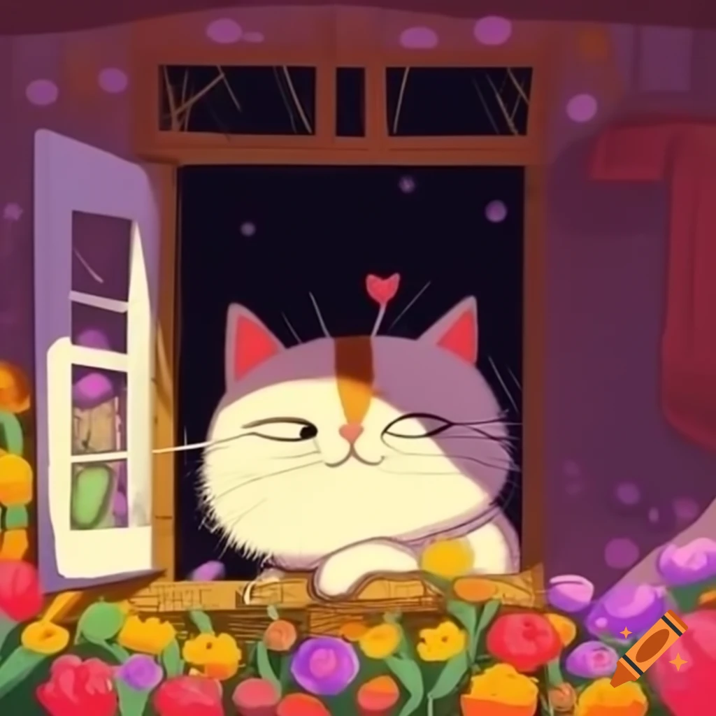 Cat sitting on window with blooming flowers
