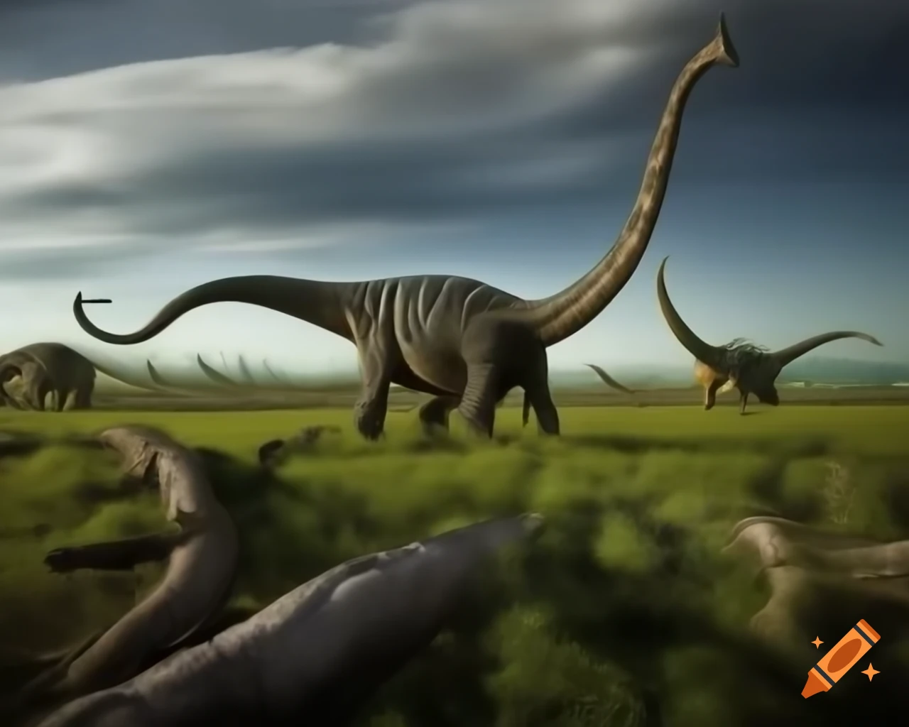 Ankylosaurus in fern prairie with Diplodocus and dramatic clouds in British Columbia