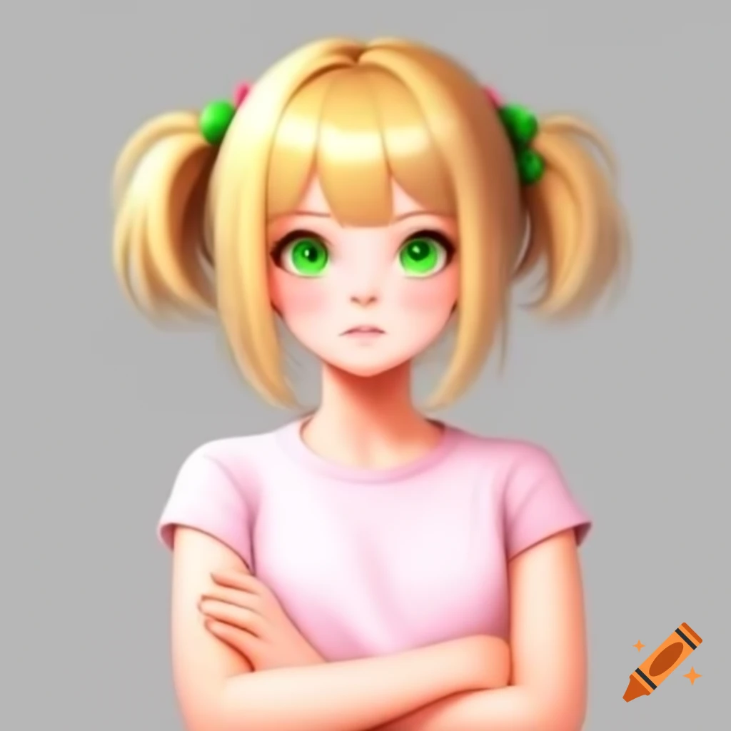 Anime girl with blonde hair and green eyes, wearing pink sleeveless shirt, arms crossed