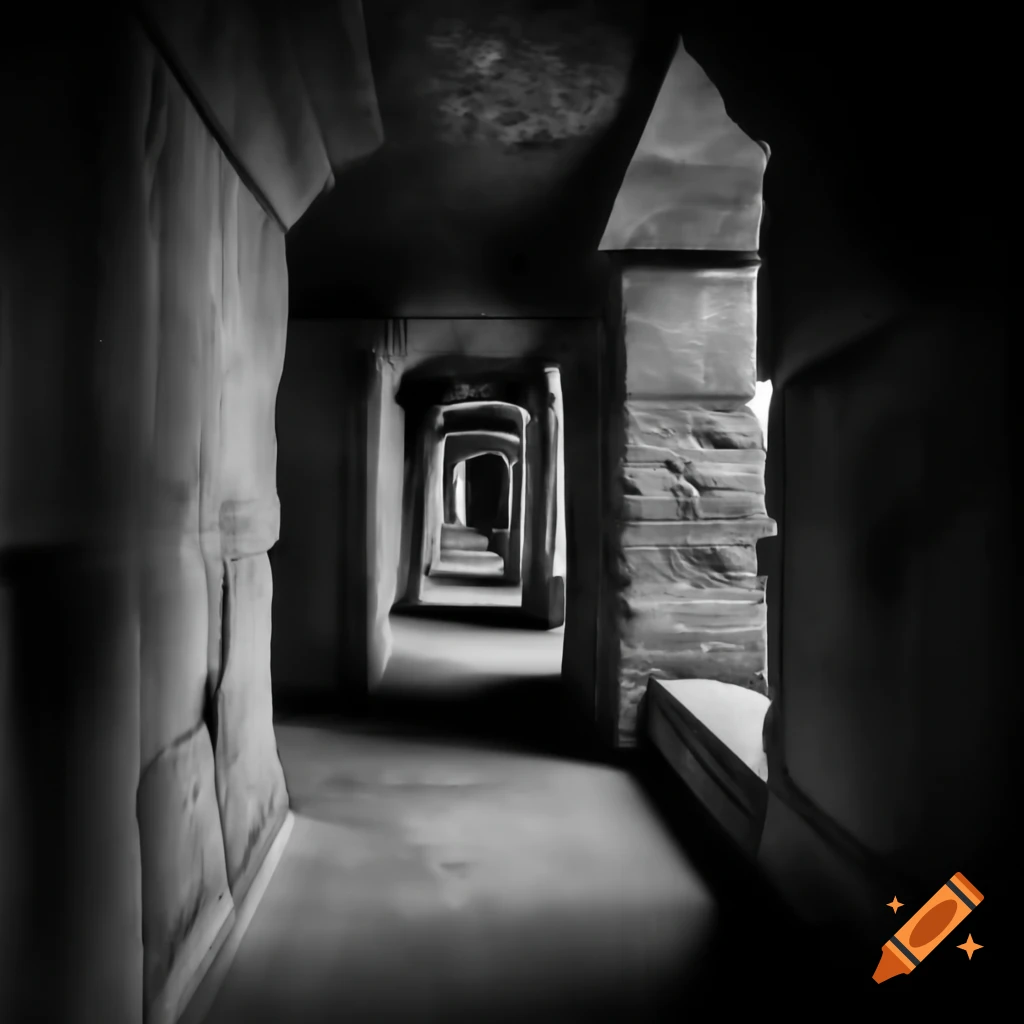 Black and white line art of ancient stone crypt with knight statue