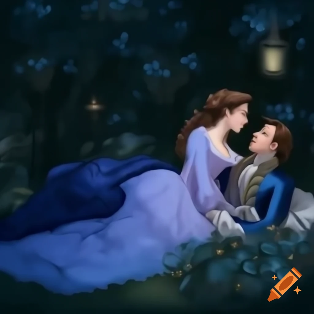 Painting depicting a romantic garden scene with characters Kristy and Robert meeting