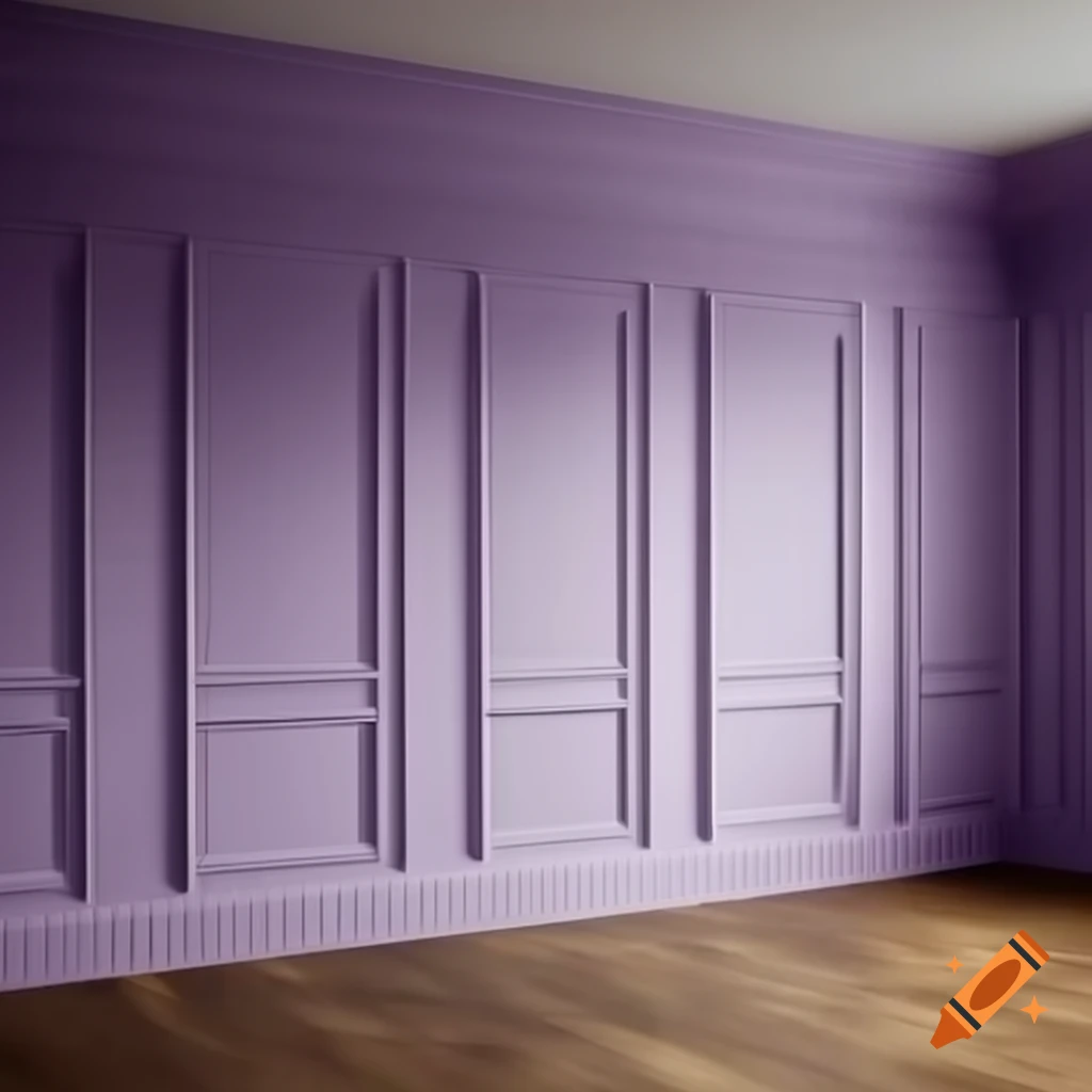 Front view of lila wainscoting wall and warm lit flooring