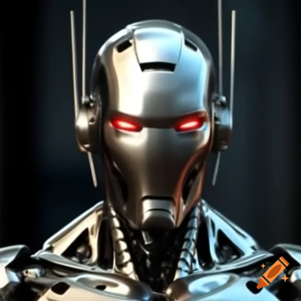 Silver Ultron figure with glowing red eyes and silver fins on head