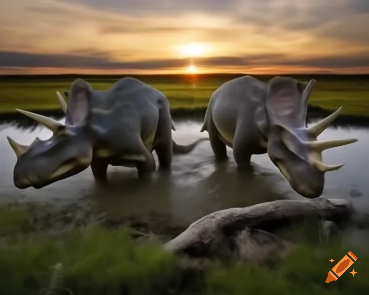 Styracosaurus in cinnamon and grey stripes walking in marshland during golden hour