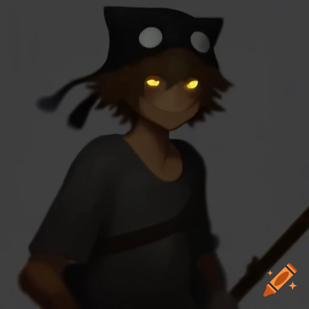 Worn out anime character with ripped clothes, black headband, rusty machete, glowing yellow eyes