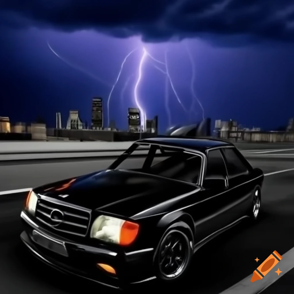 Mercedes 190 Evo 3 in motion on highway during lightning storm over city skyline