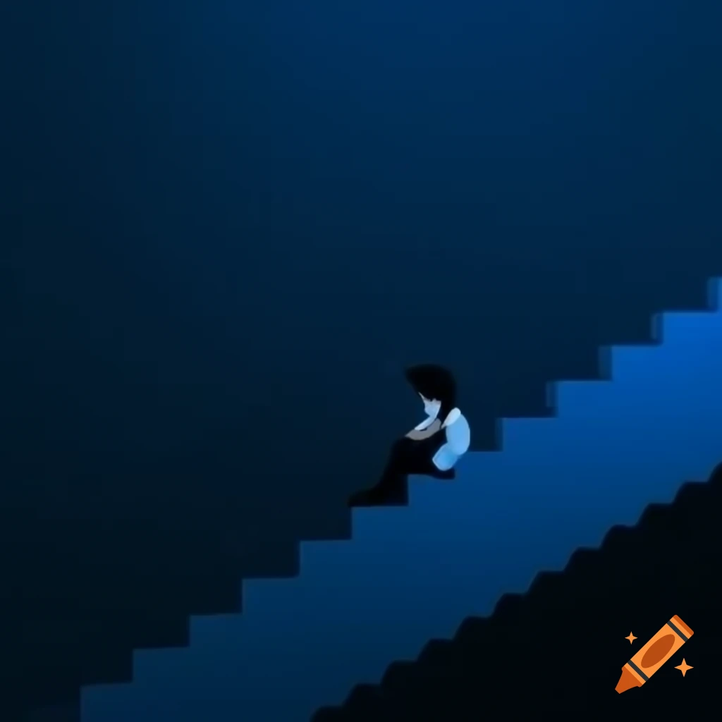 Man sitting on stairs in dark blue cartoon style