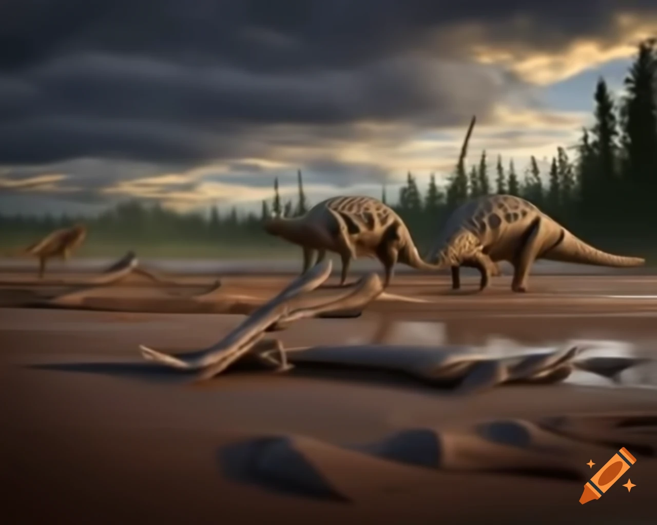Cinnamon and grey striped Iguanodon crossing puddly mudflat in British Columbia during golden hour